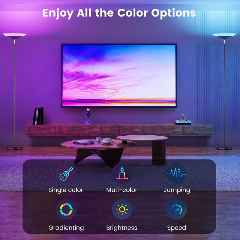 SIBRILLE RGB Torchiere Floor Lamp - 30W Dimmable LED Standing Lamp with Remote, Multi Color Changing, 72in Tall Corner Light, Bright Standing Pole Light for Office Living Room Bedroom Basement, Black - Image 4